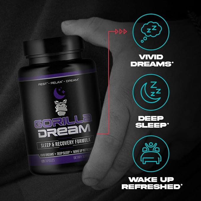 Gorilla Mind Dream Sleep Supplement (120 Capsules) - Nootropic Infused Comprehensive Sleep & Recovery Supplement - GABA, Melatonin, Valerian Root, Magnesium, L-Theanine, Sensoril, Ashwagandha & More