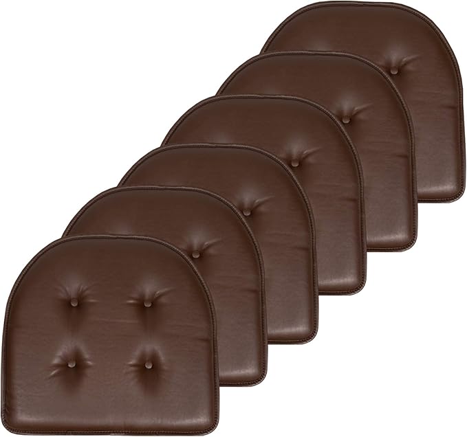 Sweet Home Collection Chair Cushion Memory Foam Pads Tufted Slip Non Skid Rubber Back U-Shaped 17" x 16" Seat Cover, 6 Pack, Faux Leather Chocolate Brown