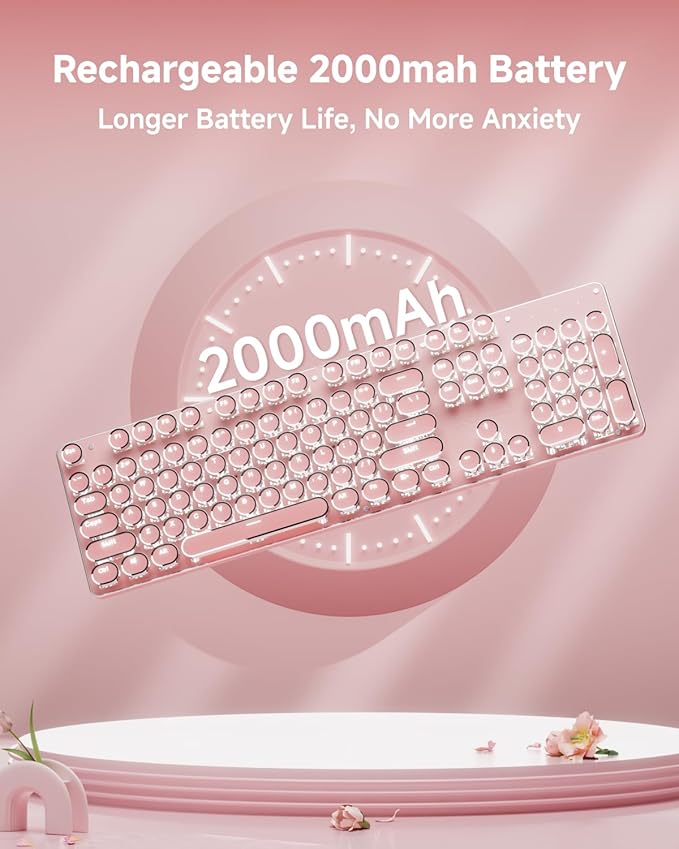 EWEADN TK950 Typewriter Keyboard Wireless Mechanical Keyboard, 104 Keys Aesthetic Typewriter Keyboards with White Backlit, Anti-Ghosting, Blue Switch Bluetooth/2.4GHz/Wired Keyboards-Pink