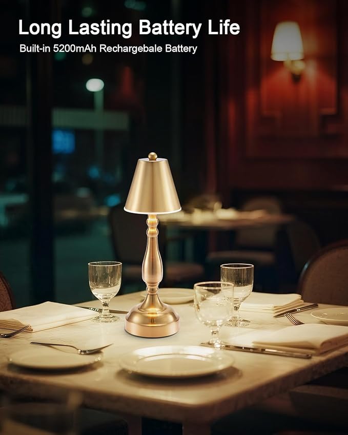 UMEXUS 2 Pack Cordless Table Lamp for Restaurant Dinner, 5200mAh Small Rechargeable Metal Desk Lamp, 3 Color Stepless Dimming, Portable Touch Bedside Night Light for Nightstand Bedroom Patio Outdoor