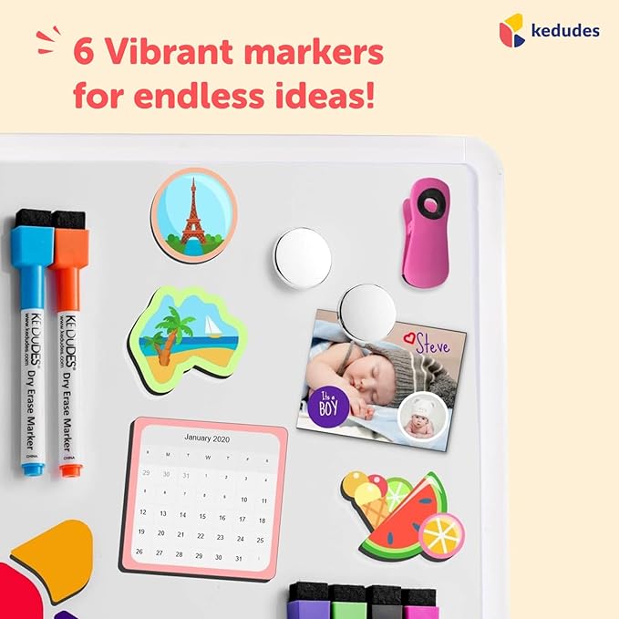 Kedudes Magnetic White Board - 13 x 17 Dry Erase Board with 6 Assorted Color Markers - Reusable and Easy to Erase for Classroom, Home, and Office Organization