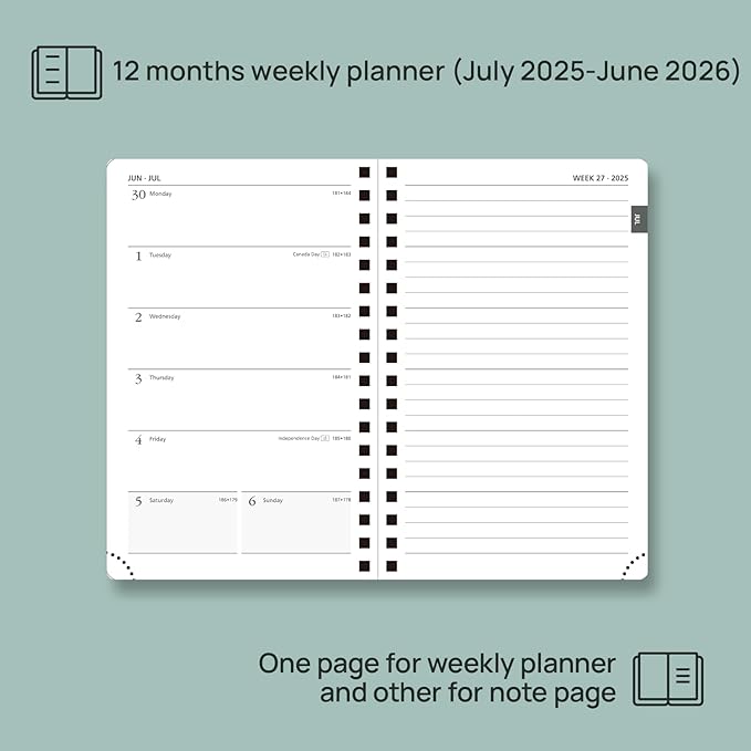 POPRUN Planner 2025-2026 Weekly Notebook (Pocket Size 4''x 6.25''), Small Academic Calendar for Purse with Spiral Soft Cover, Plastic Ruler, Inner Pocket, 100 GSM - Black