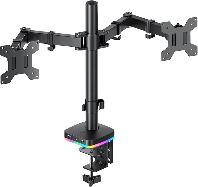 RGB Dual Monitor Stand for 2 Screens Fully Adjustable Monitor Desk Mount Sturdy Stepped Arm Design up to 17.6lbs Desk Mount with RGB USB & USB-C High Speed Data Transfer C-Clamp 75x75/100x100 VESA