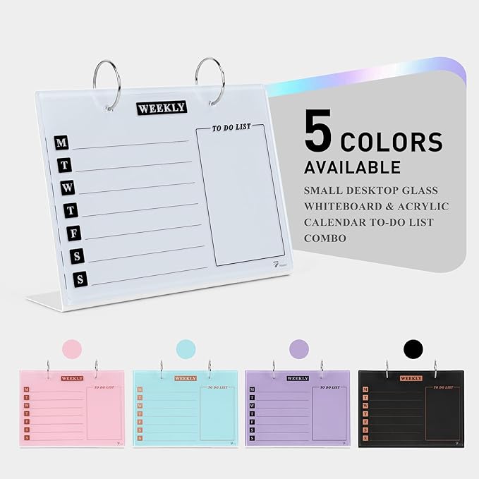 Desktop Glass Dry Erase & Acrylic Aesthetic Desk Calendar Weekly to-do List Combo, Small Magnetic Standing Whiteboard, Desk Flip Easel Calendar with Accessories for Home Office Supply, White, 9 x 7''