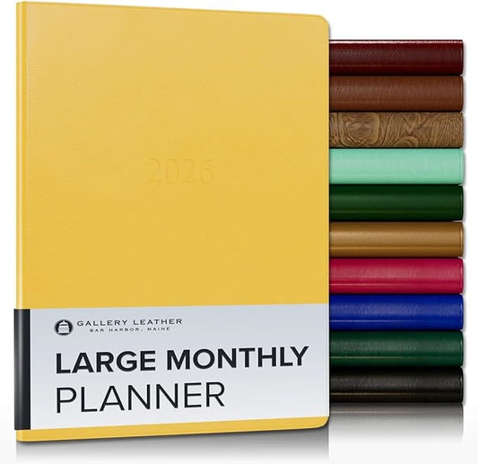 Gallery Leather Large Monthly Planner 2025-2026, Elegantly Bound Calendar Planner and Notebook with Stylish Gold-Gilded Page Edges, 18 Months - Caribbean Yellow - 9.75x7.5"