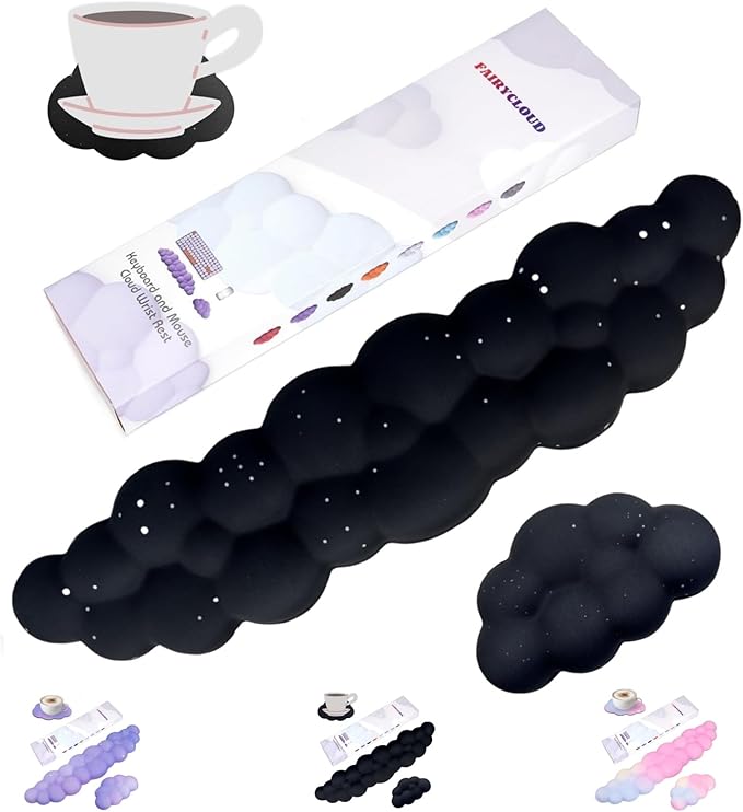 Cloud Wrist Rest Set for Keyboard and Mouse, Includes Cute Coaster, with Computers and Laptops (Black Star Set)