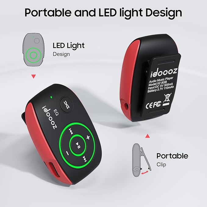 Mp3 Player with LED Light,idoooz X2 8GB Mini Mp3 Music Player,Clip Mp3 Player for Sports,Gym,Jogging,Running,Lossless Sound Quality