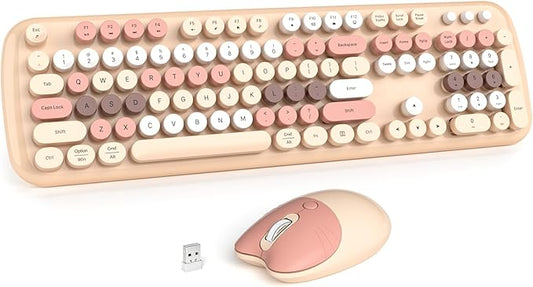 Wireless Keyboard and Mouse Combo for Windows, MOWUX 2.4G Full-Sized External Cordless Computer Keyboard, Compact Mouse, 8 Multimedia and Shortcut Keys, for PC, Laptop - Milk Tea Colorful