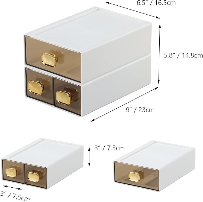 Spacious Desk Drawers, Stackable Desktop Organizer, Plastic Storage Box for Office, School & Home Supplies (1 Middle & 2 Small Drawers, White)