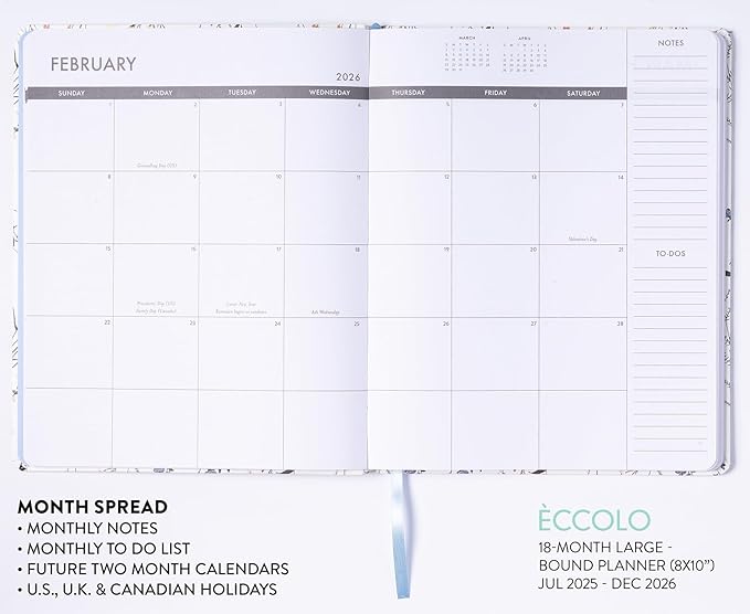 Eccolo 2025-2026 Large Agenda Planner, 18 Month, Yearly, Monthly & Weekly Pages, Habit & Gratitude Tracker (Flexi-Cover- 8 x 10")