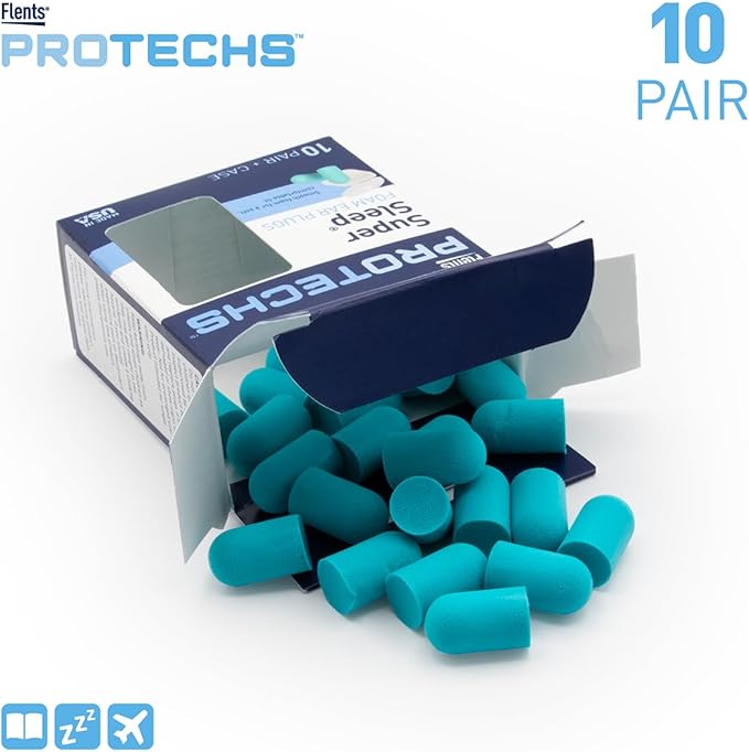 Flents Protechs Reusable Super Sleep Ear Plugs, Ideal For Loud Noise, Reduces Pressure And Background Noise, 10 Pairs With Travel Size Case, Easy Use With Comfort Fit, NRR 29, Teal, Made In The USA