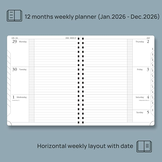 POPRUN 2026 Weekly and Monthly Planner Calendar, January 2026 - December 2026,Large 8.5'' x 10.5'' Spiral Bound Appointment Book, Includes Monthly Tabs, Inner Pocket,Soft Cover - Pacific Green