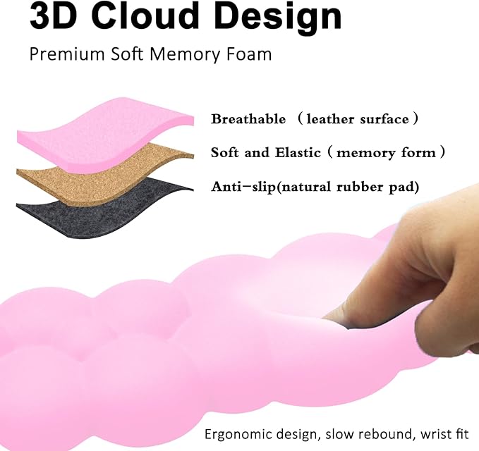 Cloud Keyboard and Mouse Wrist Rest Pad for Computer Arm Pain Relief- Ergonomic Wrist Support Mousepad with Non-Slip PU Base for Office, Gaming, and Home Use Anti-Fatigue(Pink)