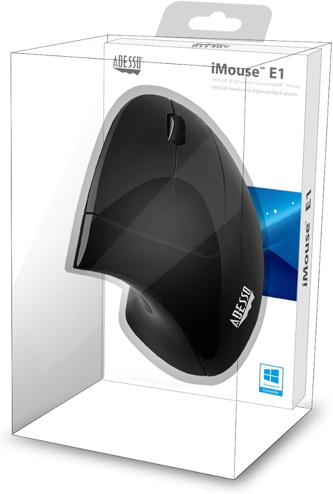 ADESSO Wired Vertical Ergonomic Illuminated Optical 6-Button USB Mouse - Right Hand Orientation, Black