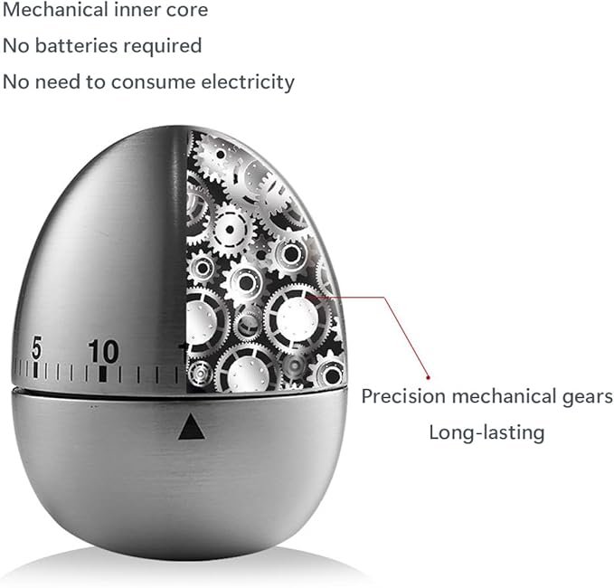 Egg Kitchen Timer Manual, Stainless Steel Mechanical Rotating Alarm 60 Minutes Count Down Cute Egg-Shaped Timer for Kitchen Cooking Learning Kids Sports