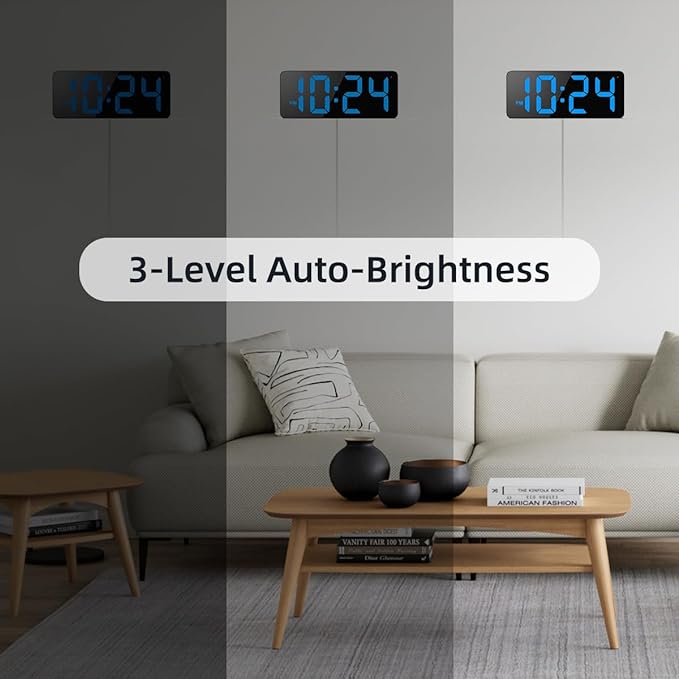 LED Digital Wall Clock with Large Display, Big Digits, Auto-Brightness, 12/24Hr Format, Modern Electric Small Silent Wall Clock for Living Room, Bedroom, Classroom, Farmhouse, Kitchen, Office - Blue