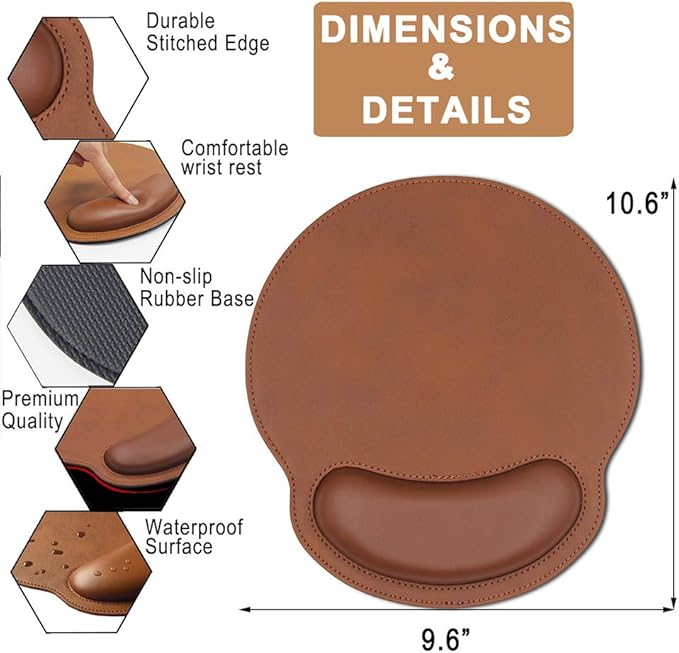 Mouse Pad Leather Wrist Rest Support, Ergonomic Memory Foam Mouse Wrist Rest Pad with Non Slip Rubber Base, Durable, Comfortable Mousepad for Computer Pain Relief at Home, Office, Work Travel, Brown