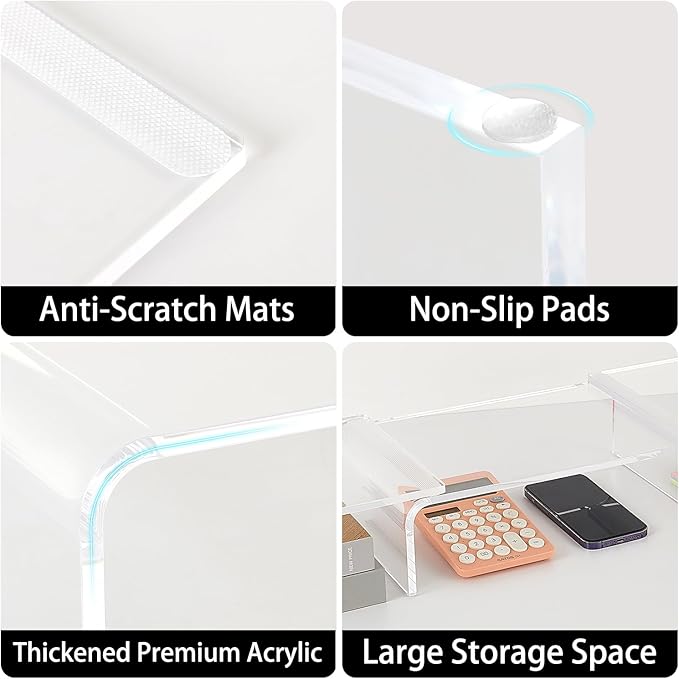 Acrylic Monitor Stand Riser, Clear Acrylic Laptop Stand for Desk, Computer Accessories for Home Office, Desk Organizer Shelf for Laptop, PC, Multi Media and more