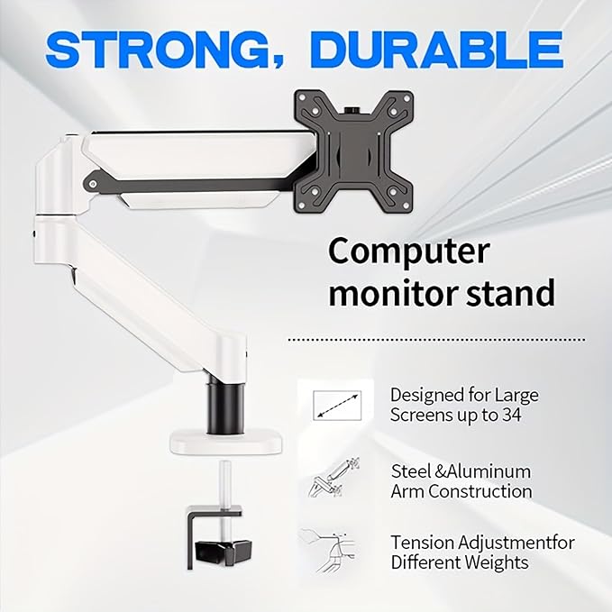 Ultrawide Monitor Arm for 13 to 32 inch Flat/Curved Computer Screen, Gas Spring Single Monitor Mount Holds up to 17.63 lbs, Clamp & Grommet Base, VESA 75x75/100x100mm, White