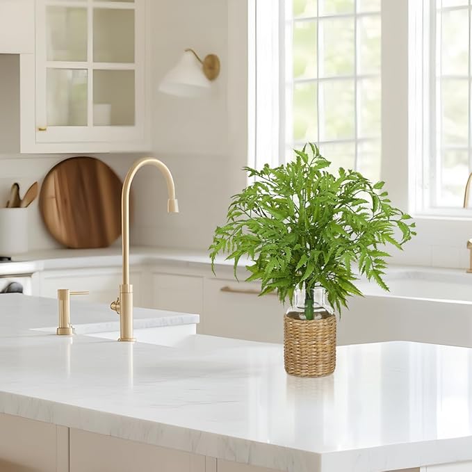 Faux Greenery Stems in Vase Aritificial Fern Plant in Glass Vase with Faux Water & Woven Cover Small Fake Desk Plants Greenery Centerpieces for Farmhouse Kitchen Dinner Tables Shelves Plants Decor