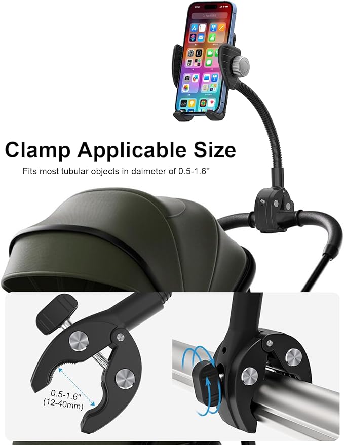 woleyi Gooseneck Phone Mount for Treadmill, Spin Bike Phone Holder Handlebar Clamp for Exercise Bike Peloton, Stationary Indoor Cycling, Stroller, for iPhone 16 Pro Max/15/14/13/12/11, 4-7" Smartphone