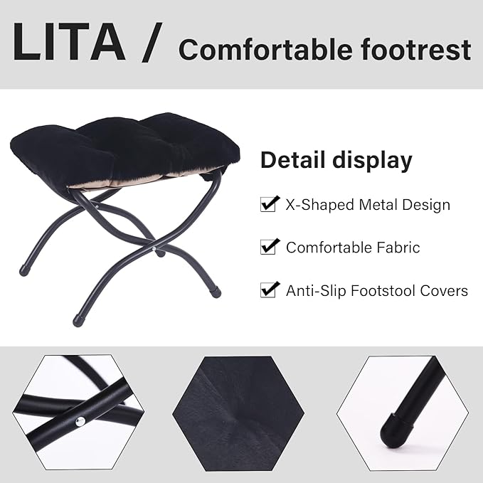 LITA Folding Upholstered Footrest Stool, Modern Small Portable Accent Ottoman with Detachable Thick Cotton Cushion Padded Sofa Stool with Metal Frame for Lazy Chair, Living Room & Bedroom, Plush Black