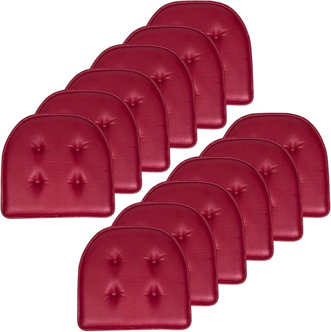 Sweet Home Collection Chair Cushion Memory Foam Pads Tufted Slip Non Skid Rubber Back U-Shaped 17" x 16" Seat Cover, 12 Pack, Faux Leather Burgundy Red