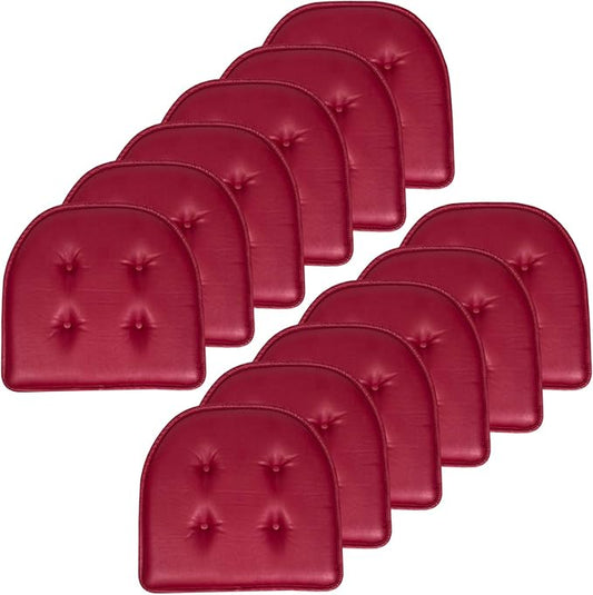 Sweet Home Collection Chair Cushion Memory Foam Pads Tufted Slip Non Skid Rubber Back U-Shaped 17" x 16" Seat Cover, 12 Pack, Faux Leather Burgundy Red