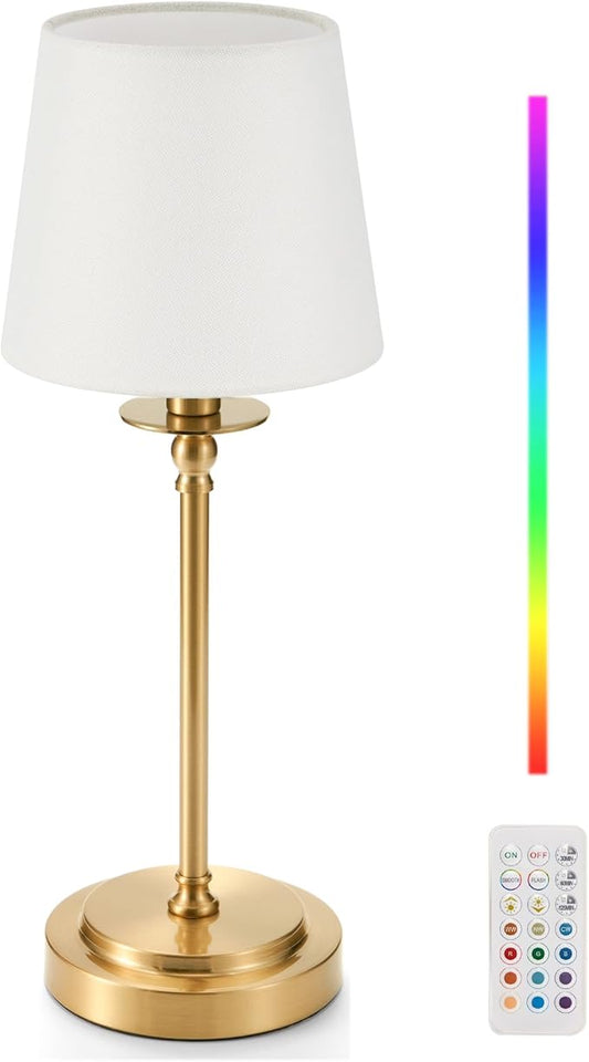 Egobasic Cordless Rechargeable Table Lamp with Remote, Small Portable Battery Operated Lamp with Timer, 12 RGB Lighting Dim, Restaurant Dining Bed Side Table Night Lights, Fabric Shade, Antique Brass