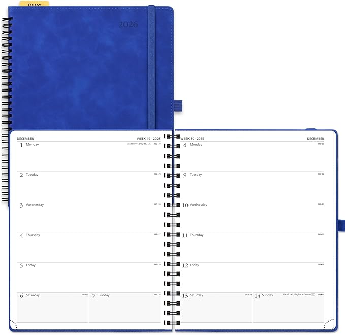 POPRUN 2026 Planner Weekly Notebook Calendar (Jan-Dec), Large Size 8.5'' x 10.5'' - Agenda 2026 Appointment Book with Monthly Tabs, Inner Pocket, Spiral Soft Cover, 100 GSM TJ - Royal Blue