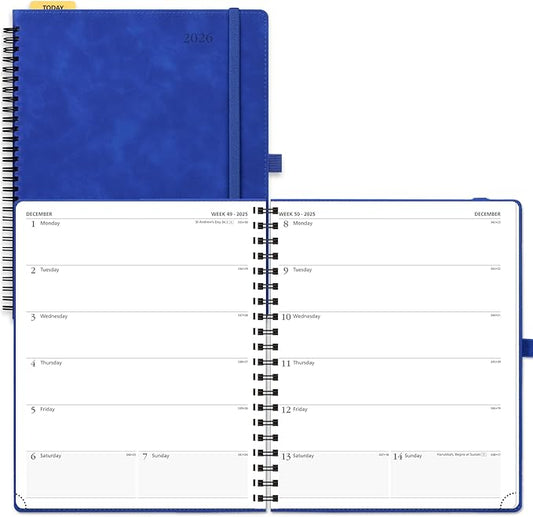 POPRUN 2026 Planner Weekly Notebook Calendar (Jan-Dec), Large Size 8.5'' x 10.5'' - Agenda 2026 Appointment Book with Monthly Tabs, Inner Pocket, Spiral Soft Cover, 100 GSM TJ - Royal Blue