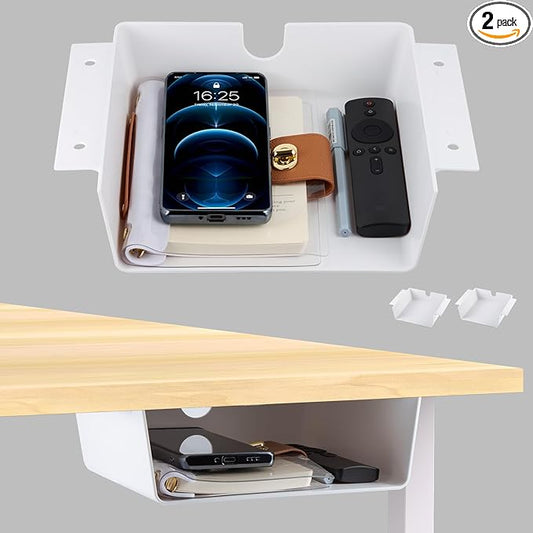 2 Pack Adhesive Under Desk Hanging Shelf Mount Drawer Organizer, Attachable Plastic Under Desk Storage Tray for Standing Desks, Tables, Workstations, Gaming, Cabinet, Increase Storage Space - White
