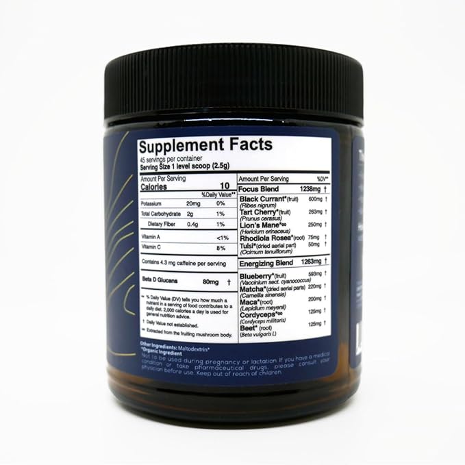 One Farm Energizing Focus Powder Blend - with USDA Organic Blackcurrant, Matcha, Lions Mane, Cordyceps, Rhodiola, and More in a Resealable Glass Jar. 45 Servings - Tart Berry Flavor