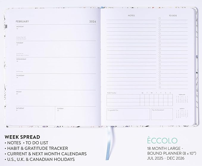 Eccolo 2025-2026 Large Agenda Planner, 18 Month, Yearly, Monthly & Weekly Pages, Habit & Gratitude Tracker (Flexi-Cover- 8 x 10")