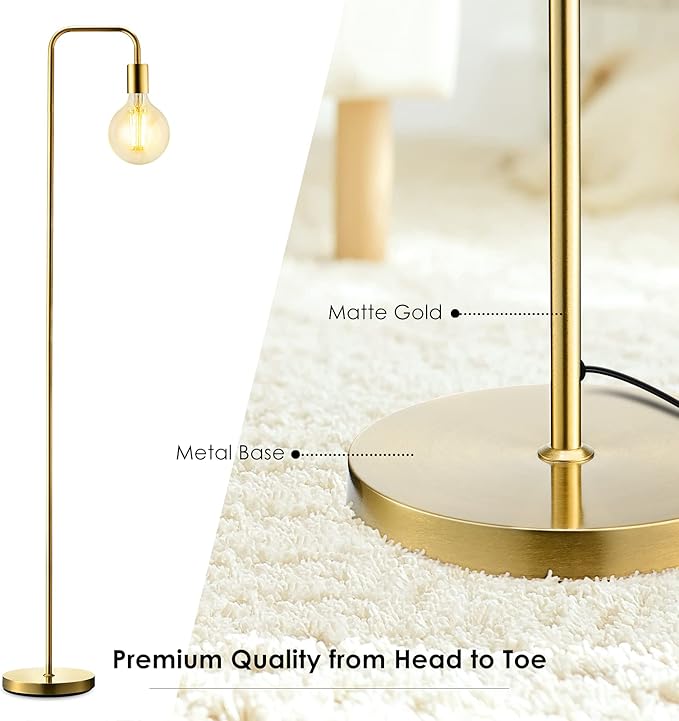 BoostArea Industrial Gold Standing Lamp, 63 Inch, E26 Socket, On/Off Footswitch, ETL Listed, Modern for Bedroom, Living Room, Minimalist, Vintage, Mid-Century, Boho, Metal