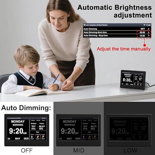 2025 New Digital Clock with Temperature/Humidity & Weather Forecast, Auto Time Sync Large Display, Custom Alarms & Medication Reminders, Ideal for Elderly(Black, 7-Inch)