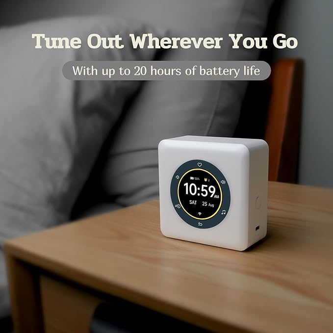 Kipcush Portable White Noise Sound Machine with Intelligent Color LCD Touch Screen, Guided Breathing, Alarm Clock. 24 Soothing Sounds, up to 24 Hours Battery Life & Sleep Music for Adults/Babies