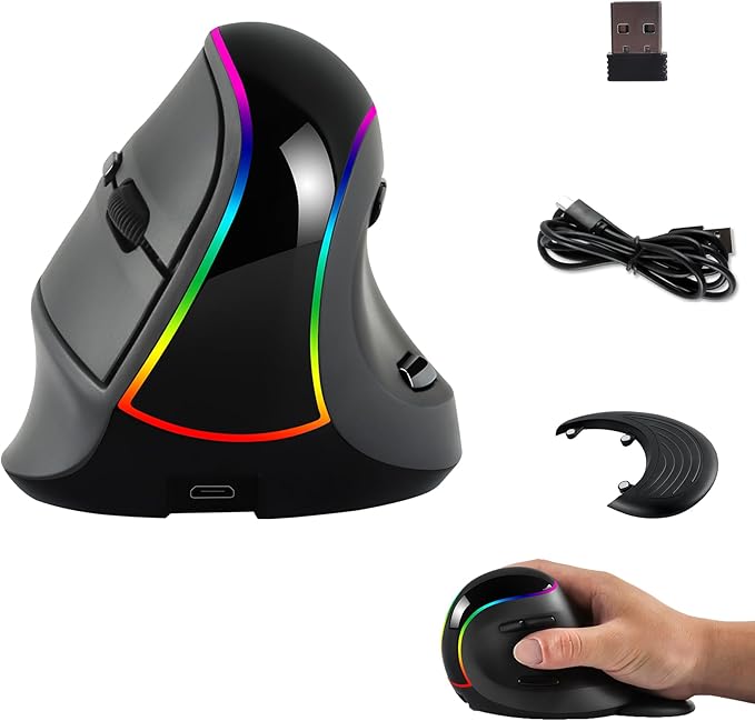 RGB Vertical Mouse 2.4G Wireless Bluetooth Wired Tri-Mode Ergonomic Mouse with Removable Palm Rest Portable Rechargeable Optical Mouse with LED Light for Laptop PC Desktop Notebook Tablet Adult Gifts