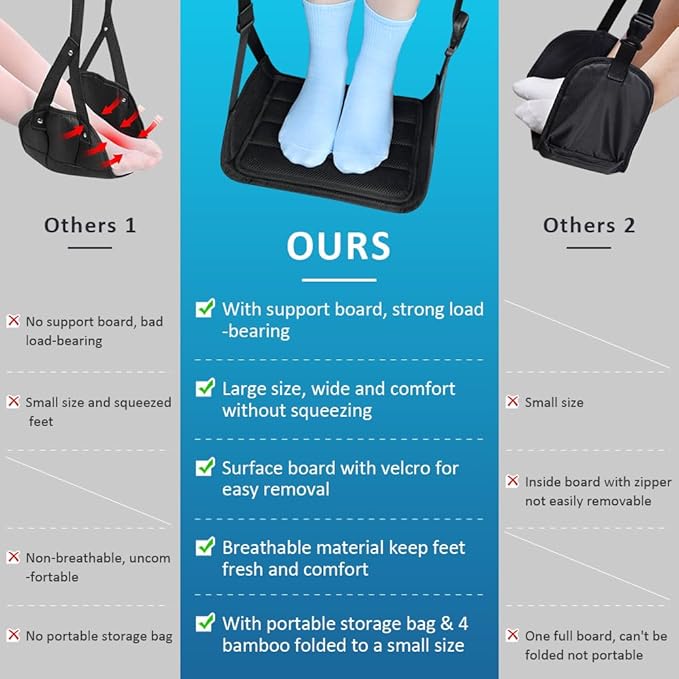 Foot Hammock for Plane Travel, Upgraded Wide Airplane Foot Hammock with Detachable Hardboard, Portable Footrest for Air Travel Essentials Long Flights Flying, Adjustable Foot Rest Leg Hammock