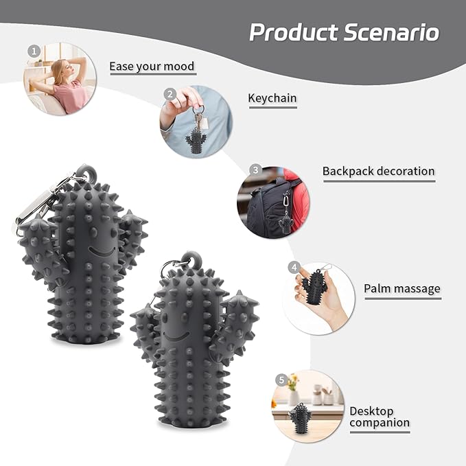 3 PCS Little Ouchies Pain Fidget，Silicone Cactus Stim Tools for Adults, Sensory Pain Stim Fidget Toy , Spiky Grippy Stim Keychain, Anxiety Relief Items Fidget Toys Gift (Darkgrey+Green+Pink)