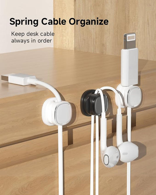 9 Pack Cord Organizer, Spring Cable Management, Adhesive Cute Cable Holder Clips, Phone Charger Wire Keeper for Desk Nightstand Car Office (9-Pack White_Black)