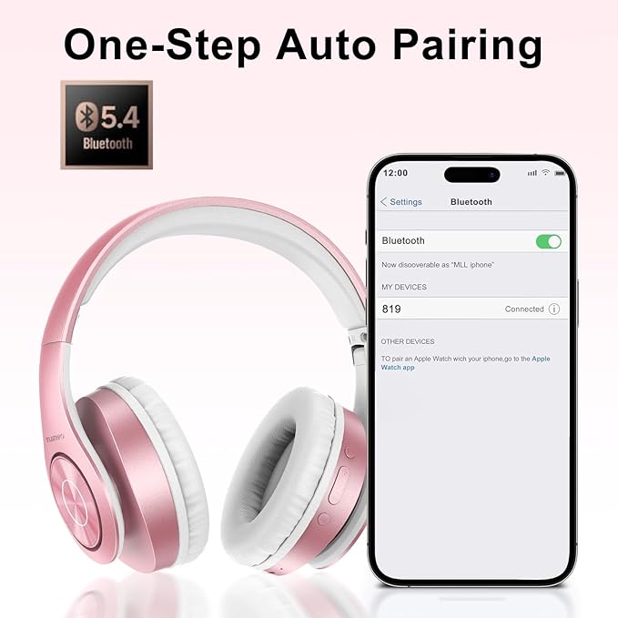 TUINYO Bluetooth Headphones Wireless, Over Ear Stereo Wireless Headset 40H Playtime with deep bass, Soft Memory-Protein Earmuffs, Built-in Mic Wired Mode PC/Cell Phones/TV- Rose Gold