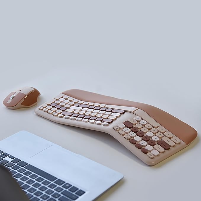 Wireless Ergonomic Keyboard and Mouse Combo with PU Wrist Rest, Carpal Tunnel Keyboard, 2.4G Colorful Split Ergo Keyboard, Comfortable Natural Typing, Compatible with PC/Laptop (Milk Tea)