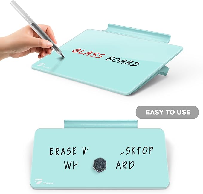 Teal Blue Mini Desktop Pure Glass Whiteboard, Small Slope Slick Desk Whiteboard Glass, Desk White Board, Desktop White Board Dry Erase, Stenography Artifact for Office Home Schooling Décor, 8x6 Inches