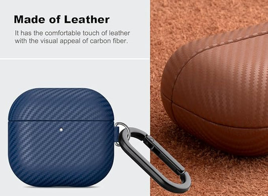 Leather Case for AirPods 4 / AirPods 4 with Active Noise Cancellation Case Cover with Keychain - Selected Skin-Friendly Leather, Carbon Fibre Texture, Handmade Shockproof Hard Cover - Blue