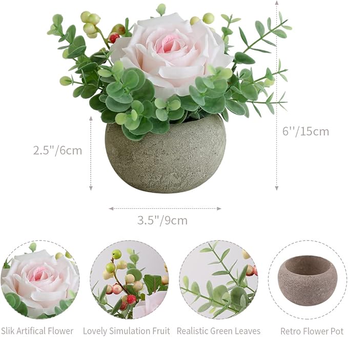 Artificial Flowers Kit with Pot, Combination of Fake Silk Light Pink Roses and Greenery,Small Plant Potted Decor for Offices,Bookshelf,Bedroom, Living Room,Party,Wedding Decorations