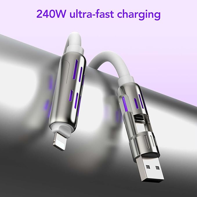 MFish 4-in-1 Universal USB Charging Cable with Carrying Case – 240W Max Fast Charger Cord, USB-A, Dual USB-C & Lighting, for iPhone 14/15/16/17 Series, iPad & MacBook and More (White, 6.6Ft)