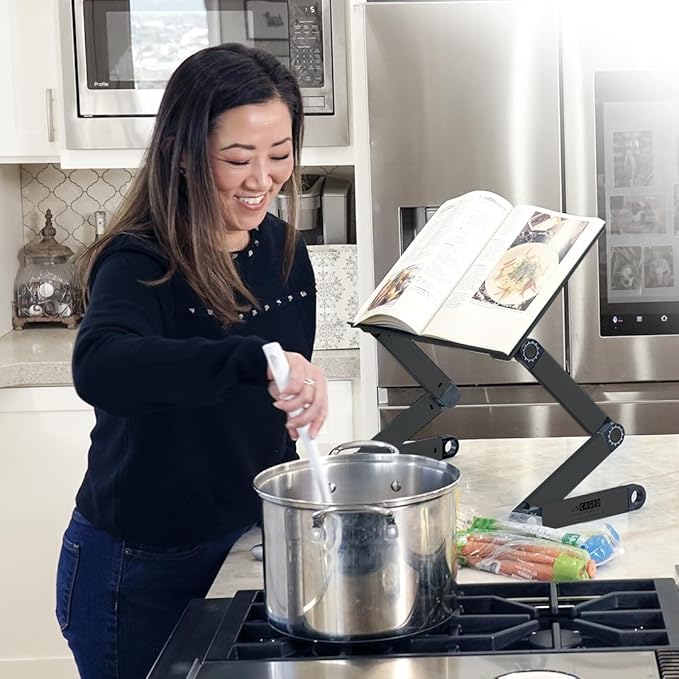 Uncaged Ergonomics Adjustable Book Holder, Tablet & Laptop Stand, Aluminum Portable Reading Stand for Textbooks & Cookbooks, Recipe Holder for Kitchen Counter, Black