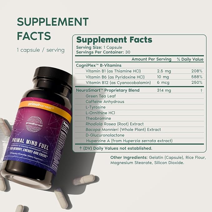 Brain Supplement by Primal Harvest, Primal Mind Fuel Brain Booster for Focus, Energy, Clarity, and Brain Health 30 Capsules Nootropics Brain Support Supplement for Men and Women