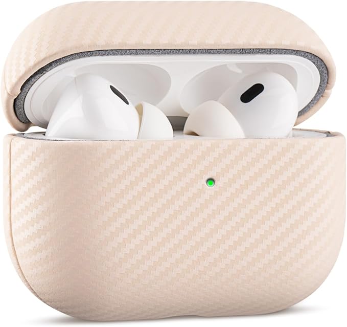Leather Case - for AirPods Pro 2 Case Cover - Selected Skin-Friendly Leather, Carbon Fibre Texture, Handmade Drop Protective Hard Cover for AirPods Pro 2nd Generation Earbuds, Pearl White